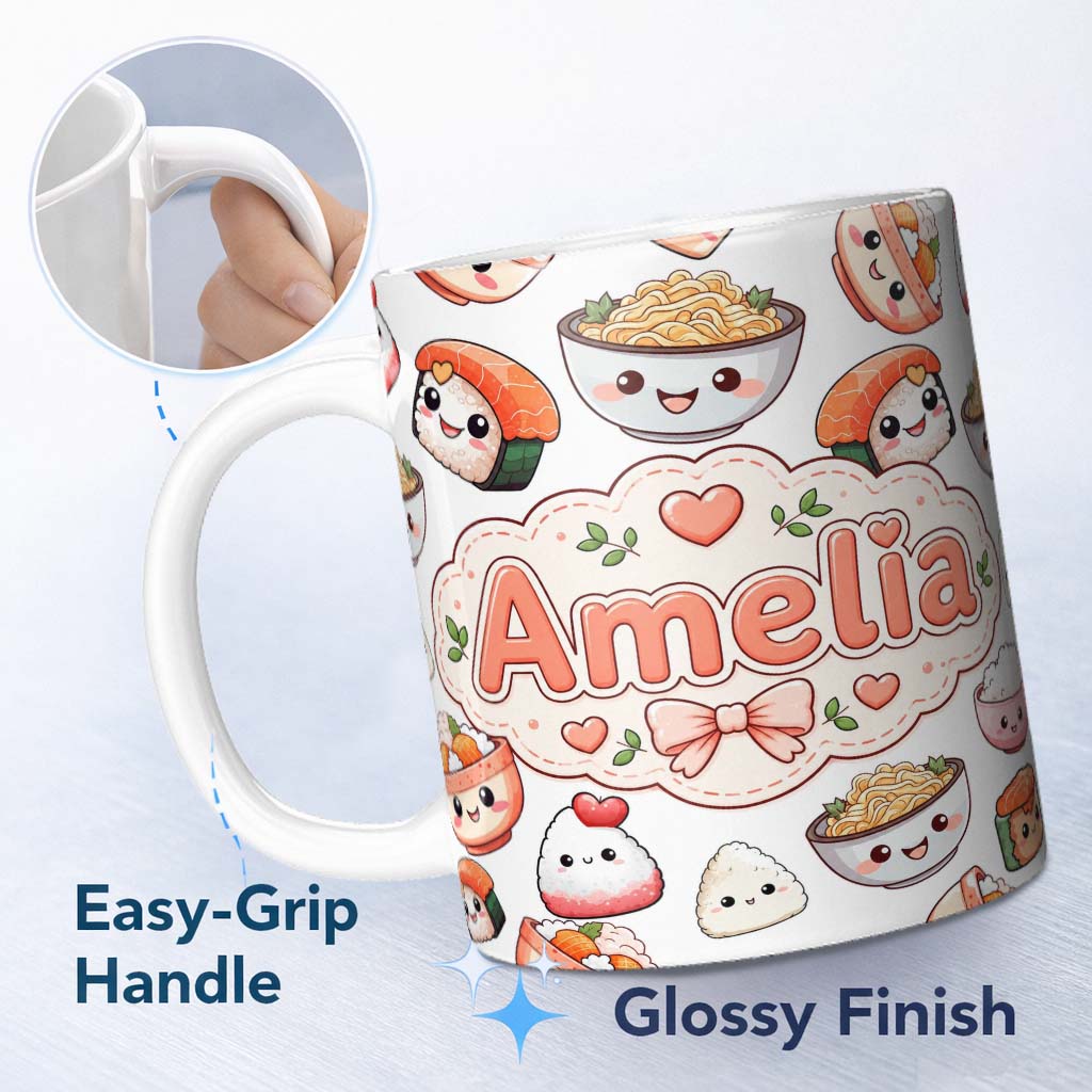 Personalized Custom Name Cute Kawaii Sushi Rice Bowls and Noodles on White Background 11oz Ceramic Coffee Tea Mug White Large Handle