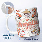 Personalized Custom Name Cute Kawaii Sushi Rice Bowls and Noodles on White Background 11oz Ceramic Coffee Tea Mug White Large Handle