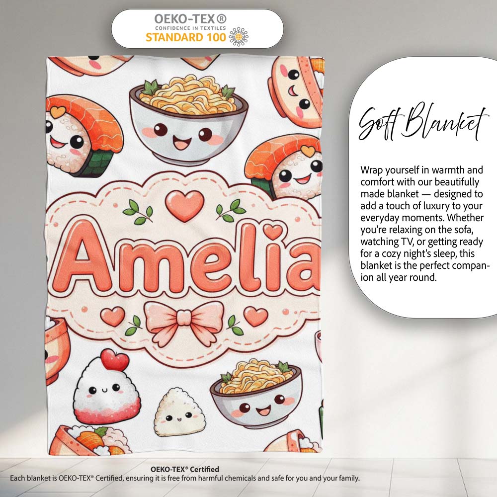 Cute Kawaii Sushi Rice Bowls and Noodles on White Background  Personalised Custom Name Super Soft Fleece Blanket Bed Sofa Throw