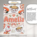 Cute Kawaii Sushi Rice Bowls and Noodles on White Background  Personalised Custom Name Super Soft Fleece Blanket Bed Sofa Throw