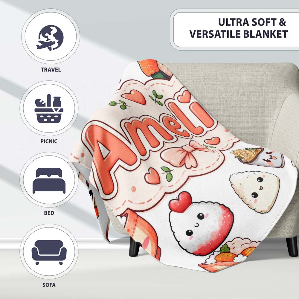 Cute Kawaii Sushi Rice Bowls and Noodles on White Background  Personalised Custom Name Super Soft Fleece Blanket Bed Sofa Throw