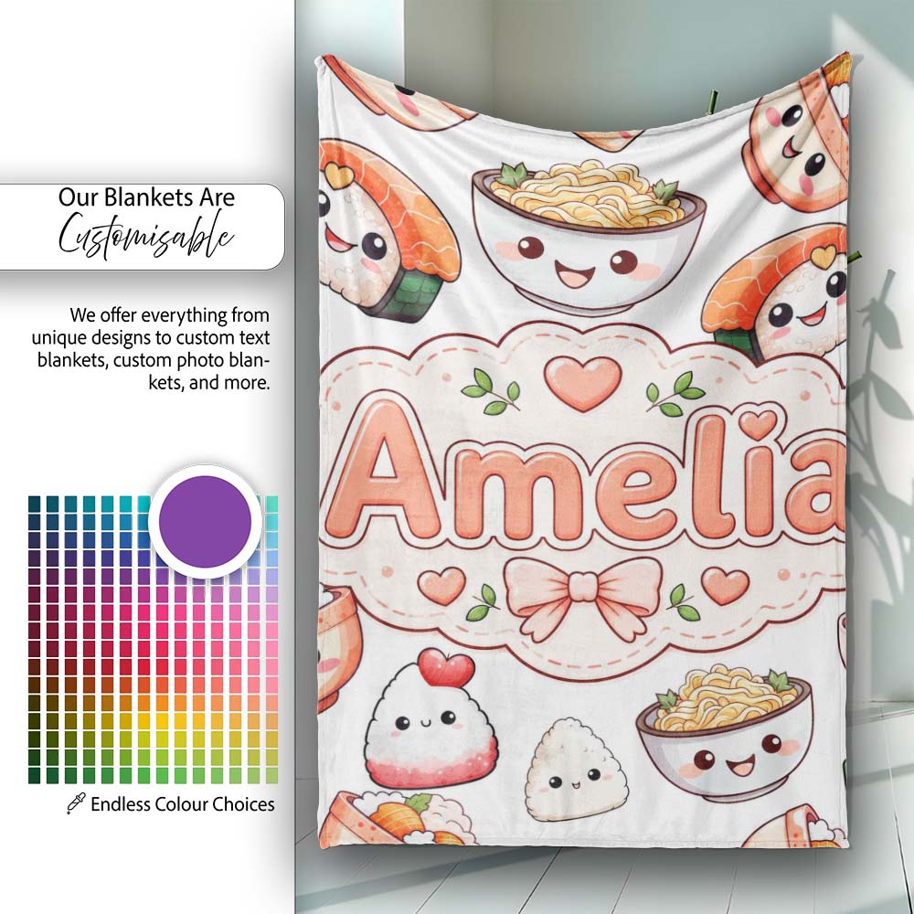 Cute Kawaii Sushi Rice Bowls and Noodles on White Background  Personalised Custom Name Super Soft Fleece Blanket Bed Sofa Throw