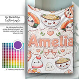 Cute Kawaii Sushi Rice Bowls and Noodles on White Background  Personalised Custom Name Super Soft Fleece Blanket Bed Sofa Throw