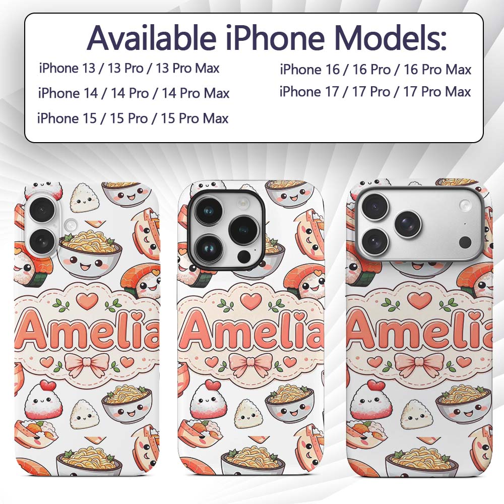 Cute Kawaii Sushi Rice Bowls and Noodles on White Custom Name Protective Phone Case Mobile Cover Durable Everyday Smartphone Shock Resistant