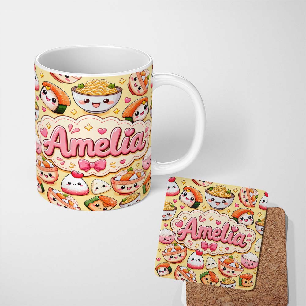 Personalized Custom Name Cute Kawaii Sushi Rice Bowls and Noodles on Beige Background 11oz Ceramic Coffee Tea Mug White Large Handle