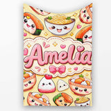 Cute Kawaii Sushi Rice Bowls and Noodles on Beige Background  Personalised Custom Name Super Soft Fleece Blanket Bed Sofa Throw