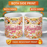 Personalized Custom Name Cute Kawaii Sushi Rice Bowls and Noodles on Beige Background 11oz Ceramic Coffee Tea Mug White Large Handle