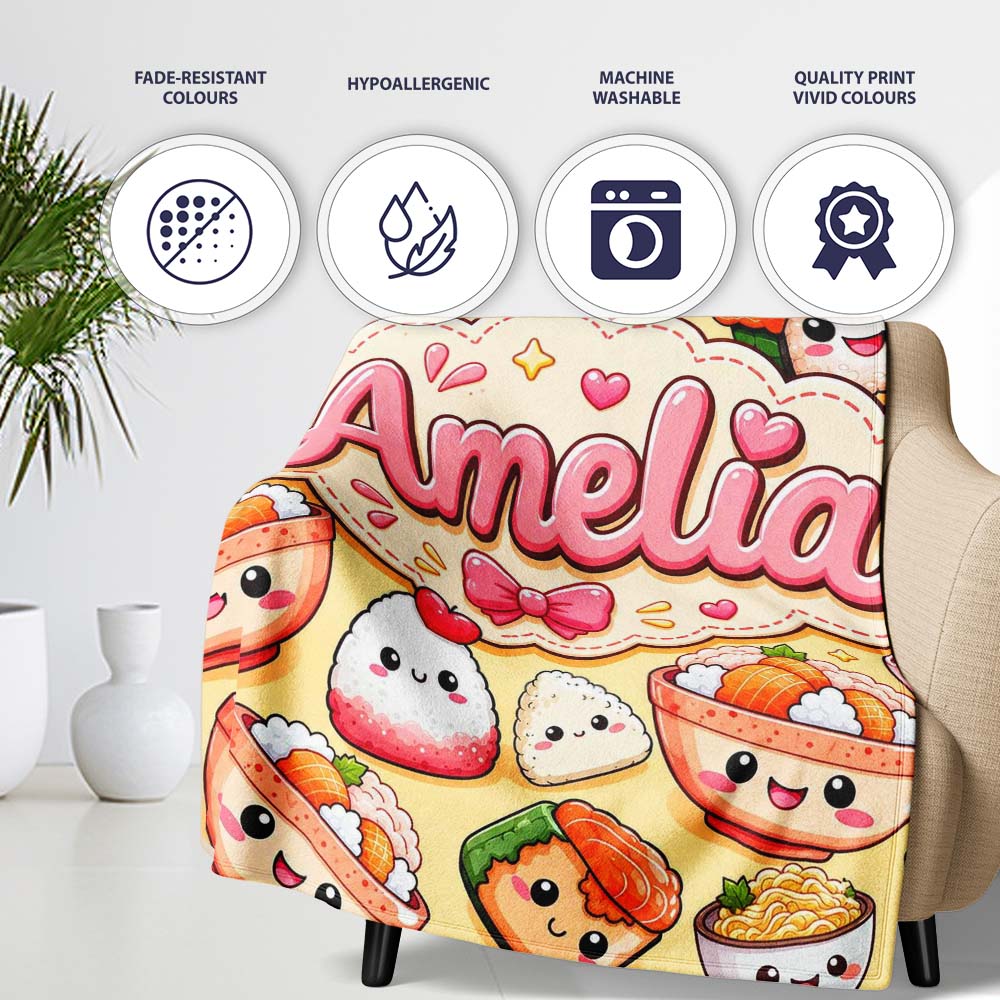 Cute Kawaii Sushi Rice Bowls and Noodles on Beige Background  Personalised Custom Name Super Soft Fleece Blanket Bed Sofa Throw