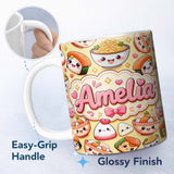Personalized Custom Name Cute Kawaii Sushi Rice Bowls and Noodles on Beige Background 11oz Ceramic Coffee Tea Mug White Large Handle