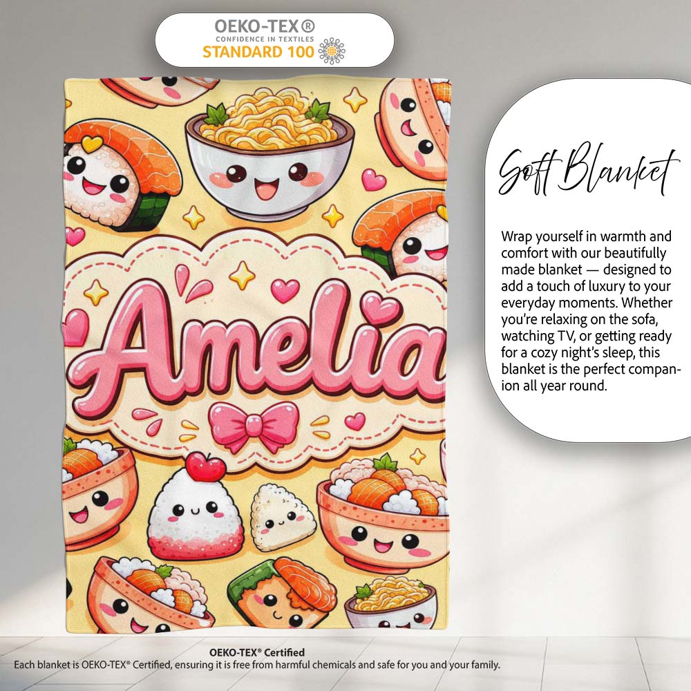 Cute Kawaii Sushi Rice Bowls and Noodles on Beige Background  Personalised Custom Name Super Soft Fleece Blanket Bed Sofa Throw