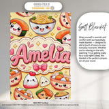 Cute Kawaii Sushi Rice Bowls and Noodles on Beige Background  Personalised Custom Name Super Soft Fleece Blanket Bed Sofa Throw