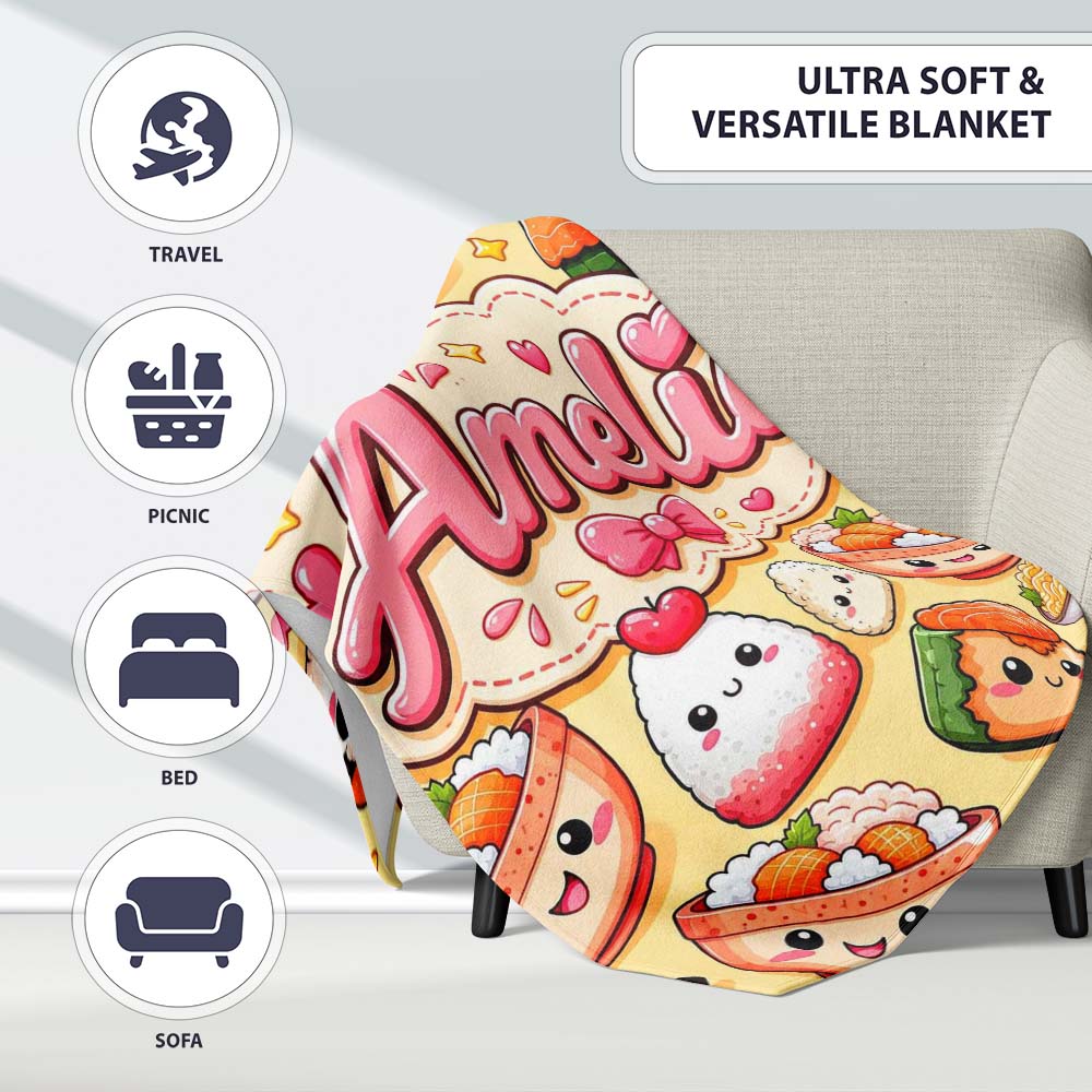 Cute Kawaii Sushi Rice Bowls and Noodles on Beige Background  Personalised Custom Name Super Soft Fleece Blanket Bed Sofa Throw