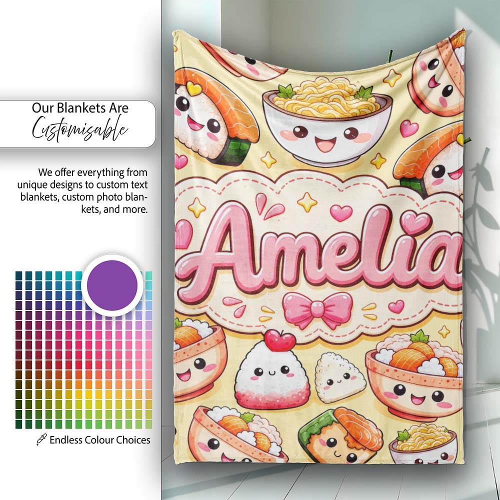 Cute Kawaii Sushi Rice Bowls and Noodles on Beige Background  Personalised Custom Name Super Soft Fleece Blanket Bed Sofa Throw