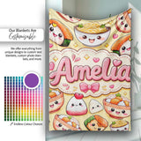 Cute Kawaii Sushi Rice Bowls and Noodles on Beige Background  Personalised Custom Name Super Soft Fleece Blanket Bed Sofa Throw