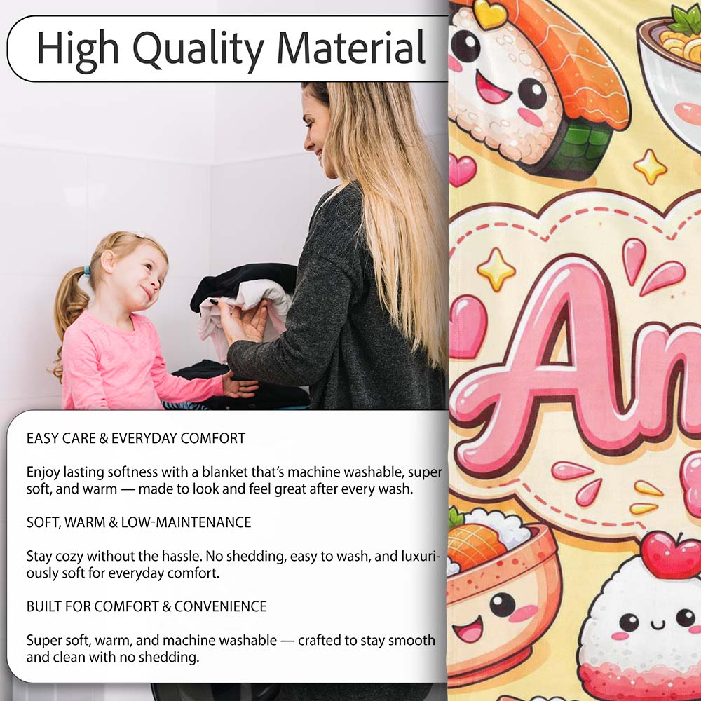 Cute Kawaii Sushi Rice Bowls and Noodles on Beige Background  Personalised Custom Name Super Soft Fleece Blanket Bed Sofa Throw