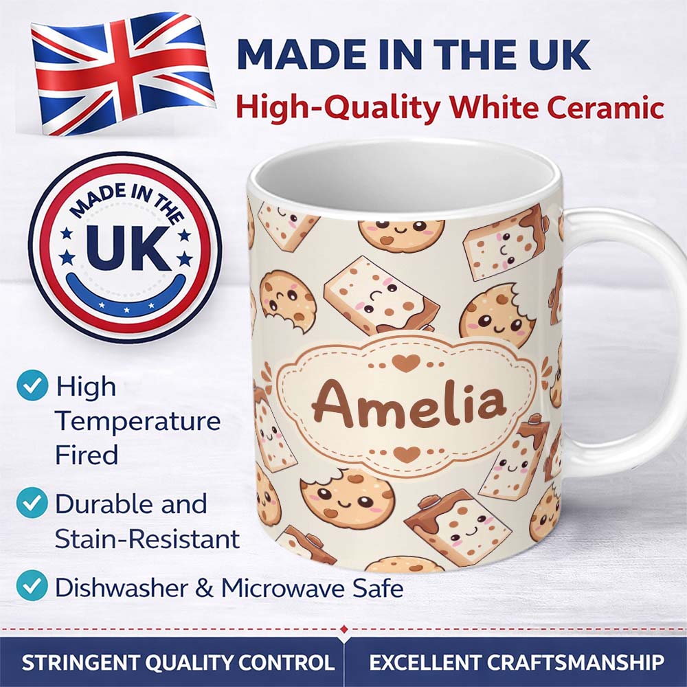 Personalized Custom Name Cute Kawaii Cookies and Milk Cartons on Cream Background Seamless 11oz Ceramic Coffee Tea Mug White Large Handle
