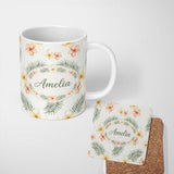 Personalized Custom Name Tropical Hibiscus and Frangipani Floral Pattern with Palm Leaves 11oz Ceramic Coffee Tea Mug White Large Handle