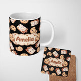 Personalized Custom Name Cute Kawaii Cookies and Milk Cartons on Black Background Seamless 11oz Ceramic Coffee Tea Mug White Large Handle