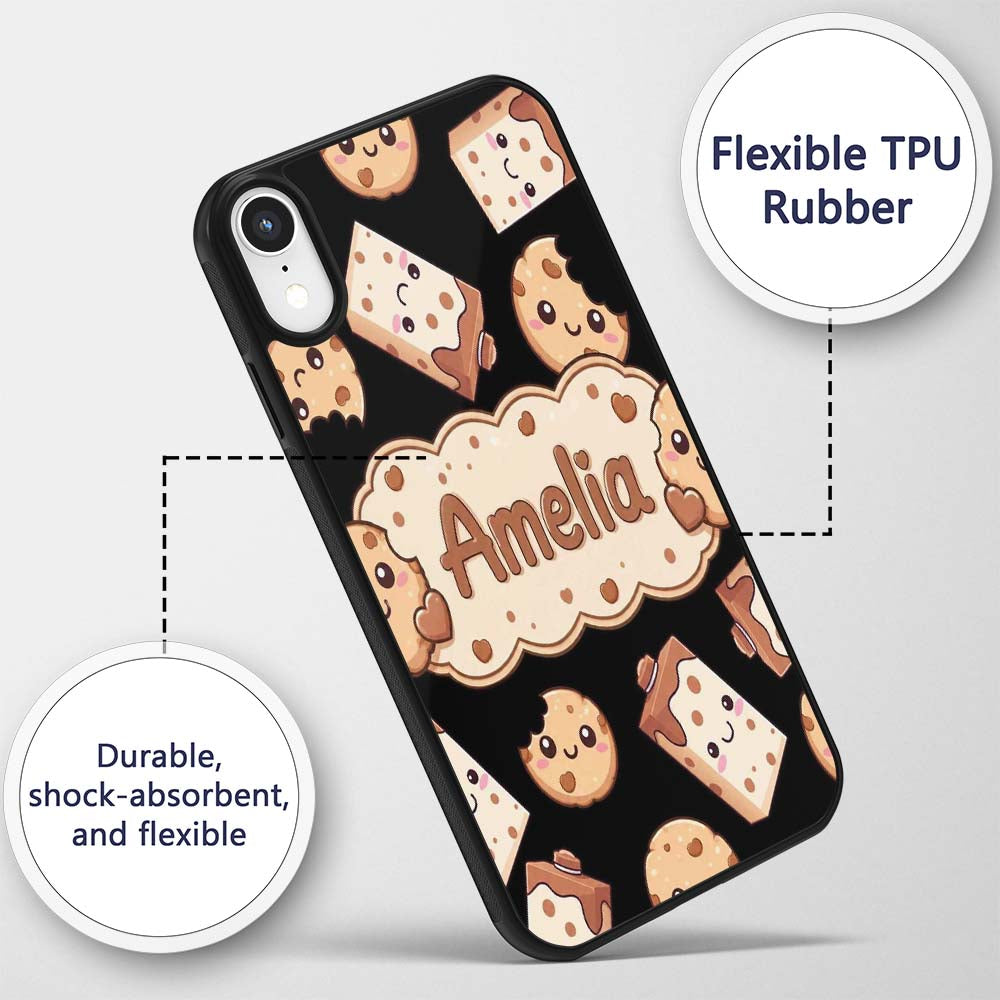 Cute Kawaii Cookies and Milk Cartons on Black Custom Name Protective Phone Case Mobile Cover Durable Everyday Smartphone Shock Resistant