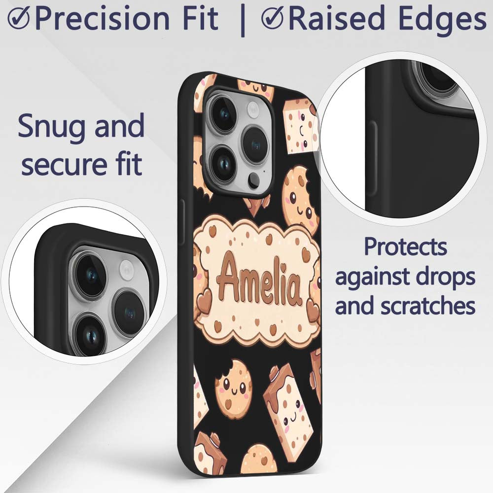 Cute Kawaii Cookies and Milk Cartons on Black Custom Name Protective Phone Case Mobile Cover Durable Everyday Smartphone Shock Resistant