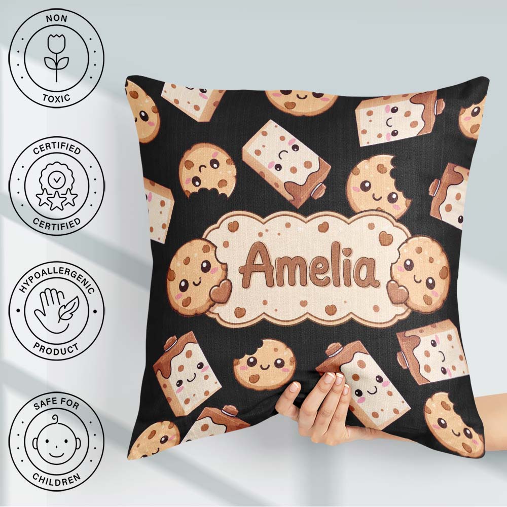 Custom Name Kawaii Cookies and Milk on Black Background Seamless Square Filled Cushion Throw Pillow Sofa Bed Home Decor Zip Washable UK Made