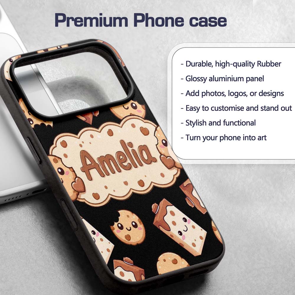 Cute Kawaii Cookies and Milk Cartons on Black Custom Name Protective Phone Case Mobile Cover Durable Everyday Smartphone Shock Resistant