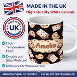 Personalized Custom Name Cute Kawaii Cookies and Milk Cartons on Black Background Seamless 11oz Ceramic Coffee Tea Mug White Large Handle