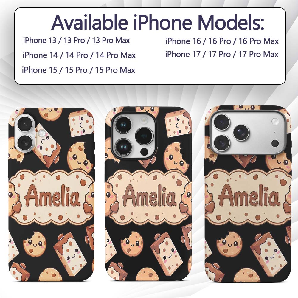 Cute Kawaii Cookies and Milk Cartons on Black Custom Name Protective Phone Case Mobile Cover Durable Everyday Smartphone Shock Resistant
