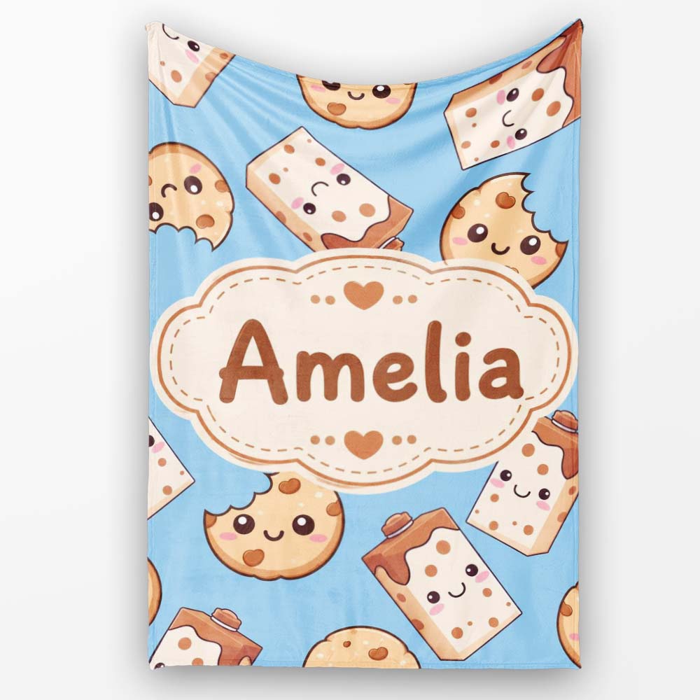 Cute Kawaii Cookies and Milk Cartons on Blue Background Seamless  Personalised Custom Name Super Soft Fleece Blanket Bed Sofa Throw