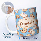 Personalized Custom Name Cute Kawaii Cookies and Milk Cartons on Blue Background Seamless 11oz Ceramic Coffee Tea Mug White Large Handle