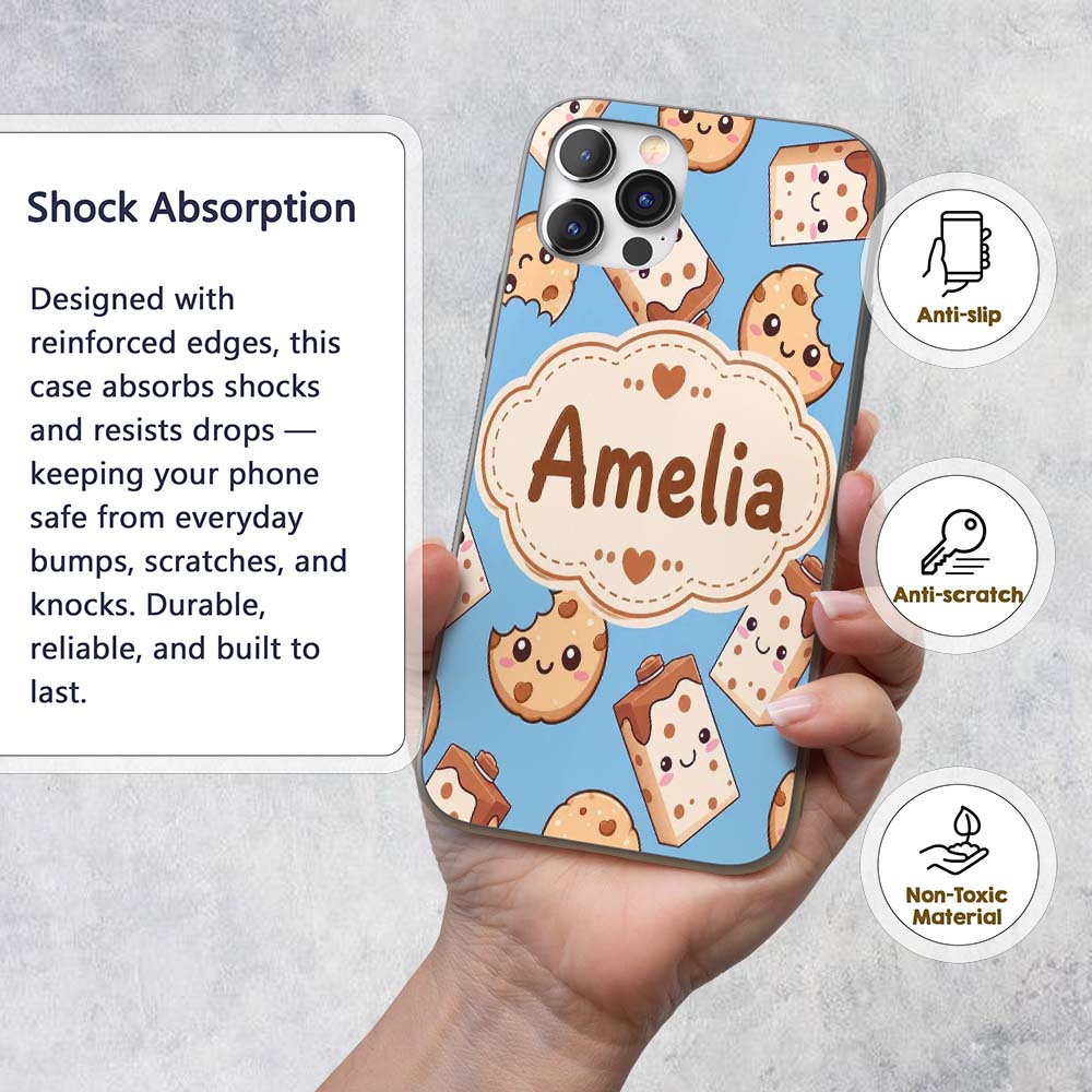 Cute Kawaii Cookies and Milk Cartons on Blue Custom Name Protective Phone Case Mobile Cover Durable Everyday Smartphone Shock Resistant
