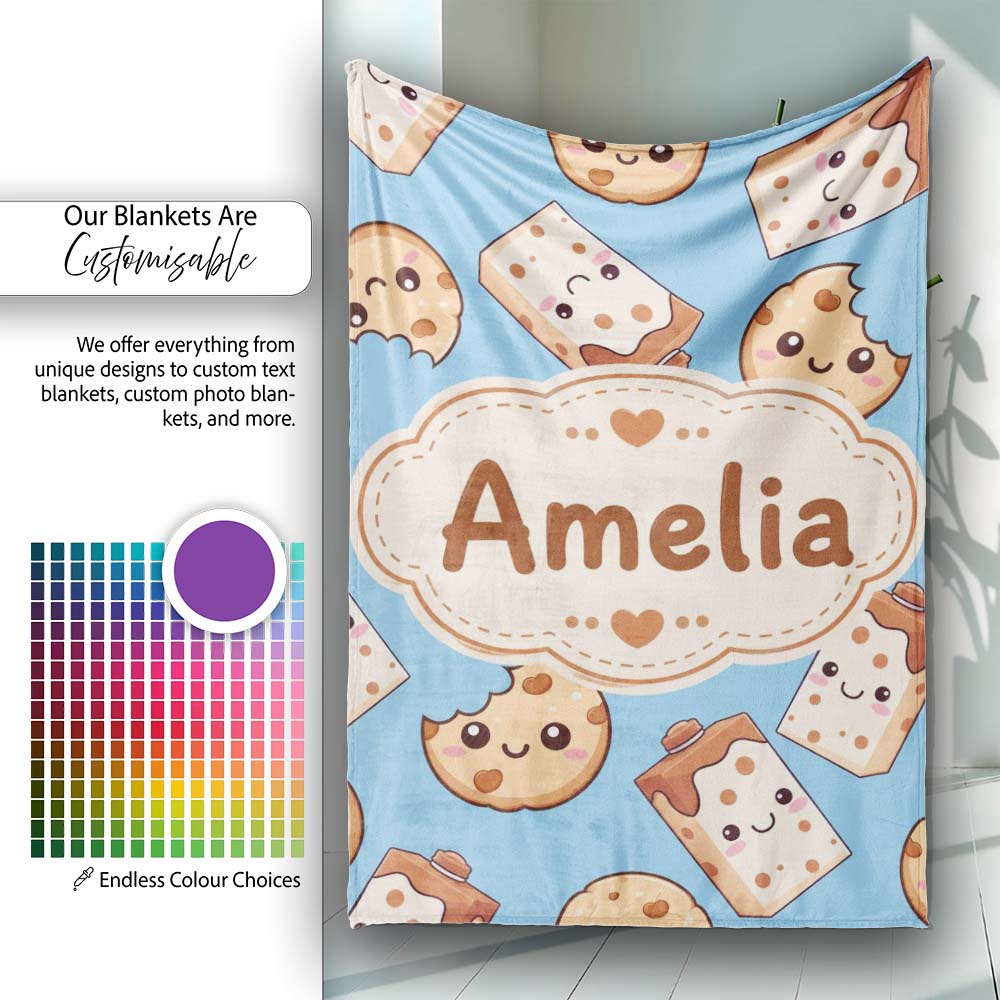 Cute Kawaii Cookies and Milk Cartons on Blue Background Seamless  Personalised Custom Name Super Soft Fleece Blanket Bed Sofa Throw