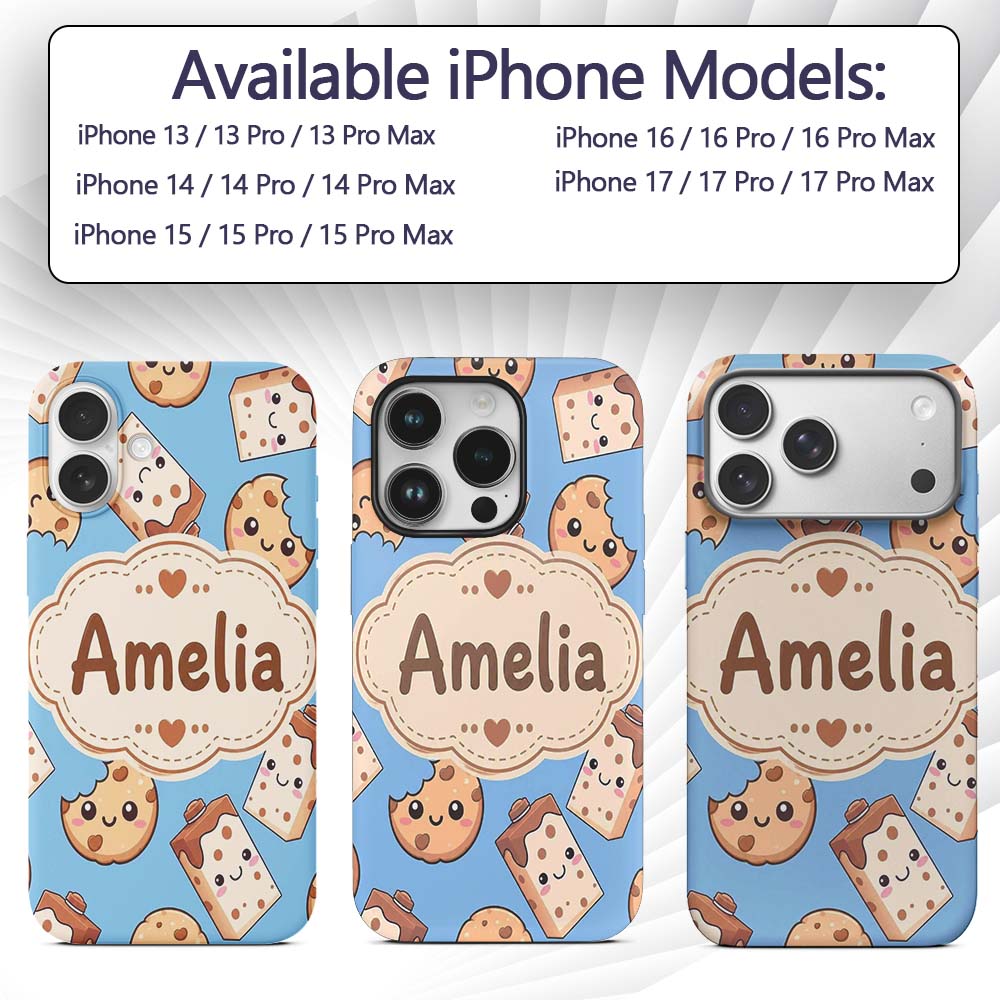Cute Kawaii Cookies and Milk Cartons on Blue Custom Name Protective Phone Case Mobile Cover Durable Everyday Smartphone Shock Resistant