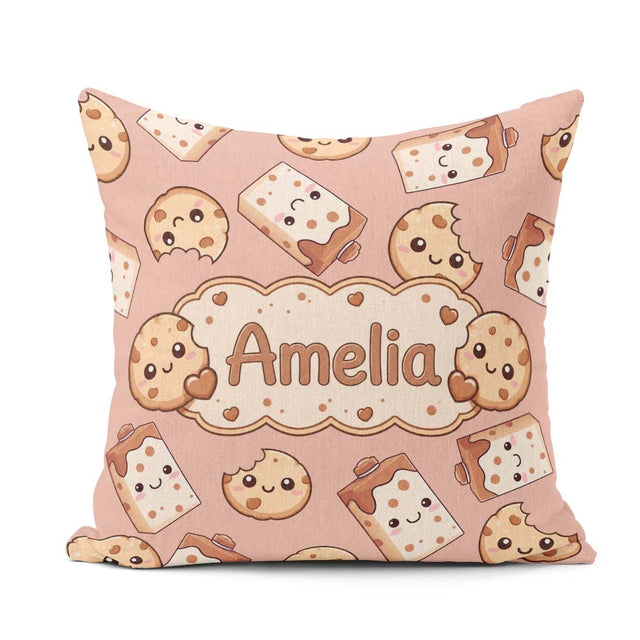 Custom Name Kawaii Cookies and Milk on Peach Background Seamless Square Filled Cushion Throw Pillow Sofa Bed Home Decor Zip Washable UK Made