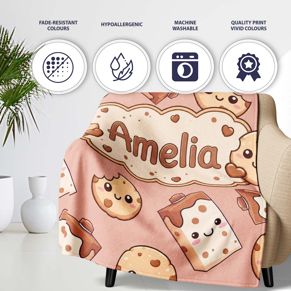 Cute Kawaii Cookies and Milk Cartons on Peach Background Seamless  Personalised Custom Name Super Soft Fleece Blanket Bed Sofa Throw