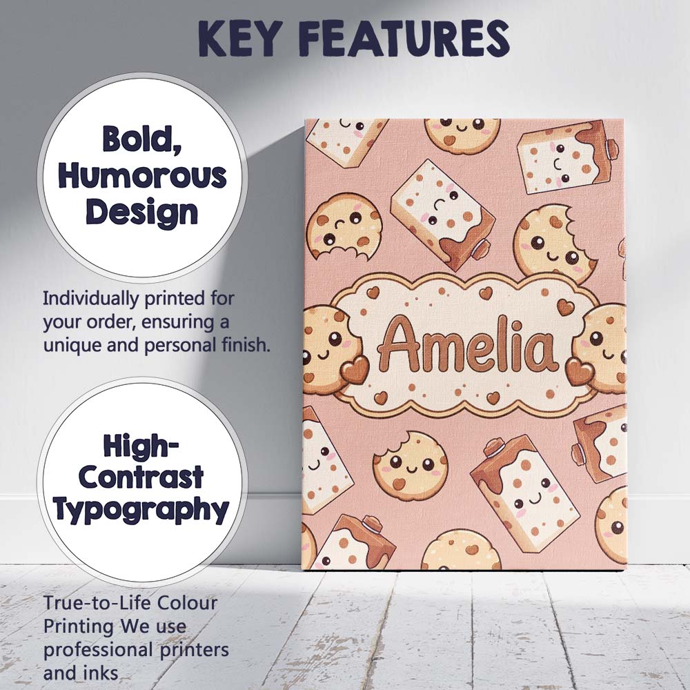 Personalised Name Cute Kawaii Cookies and Custom  Unique Gift Idea Elegant Feature Canvas Wall Art Print Decor Picture Ready to Hang