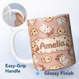 Personalized Custom Name Cute Kawaii Cookies and Milk Cartons on Peach Background Seamless 11oz Ceramic Coffee Tea Mug White Large Handle