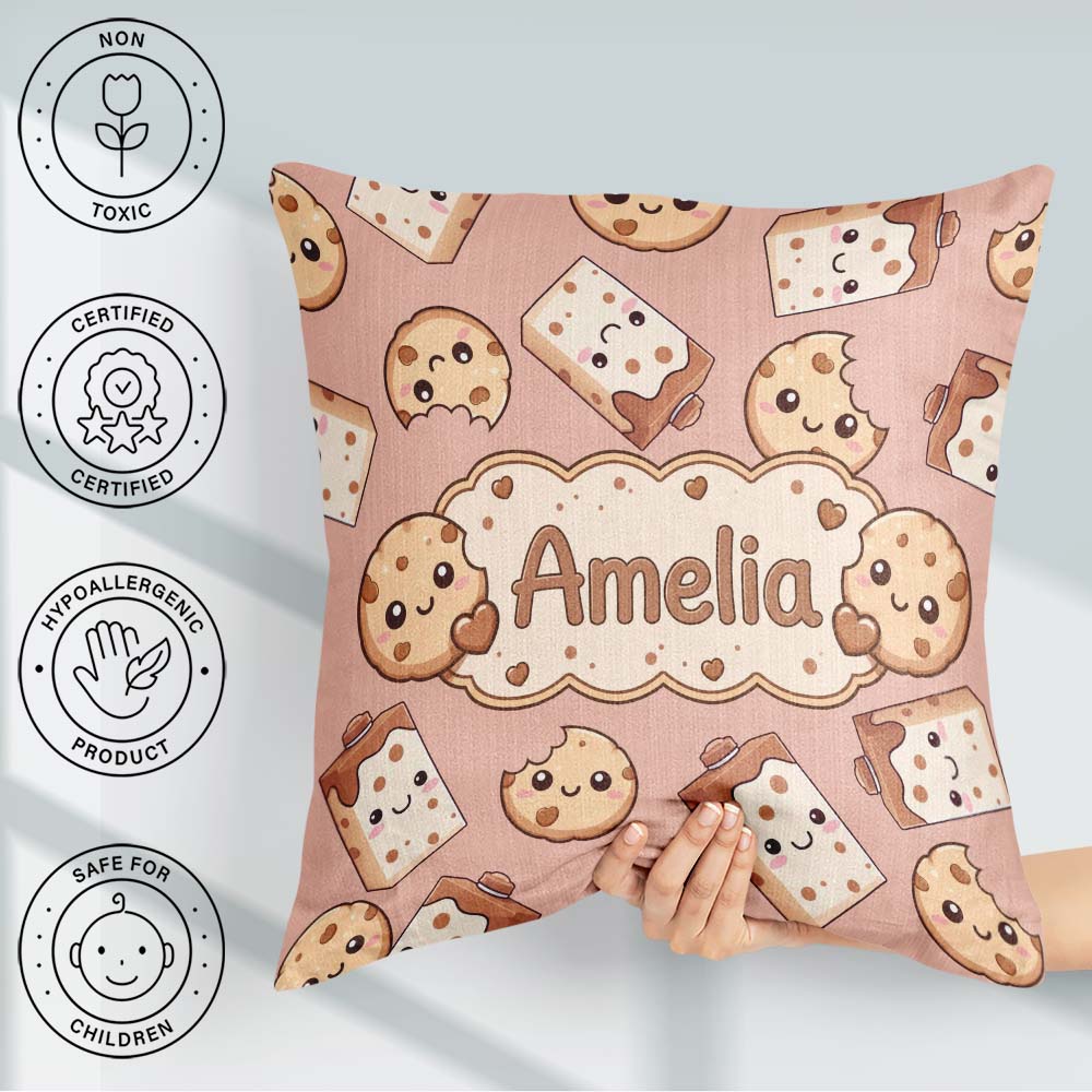 Custom Name Kawaii Cookies and Milk on Peach Background Seamless Square Filled Cushion Throw Pillow Sofa Bed Home Decor Zip Washable UK Made