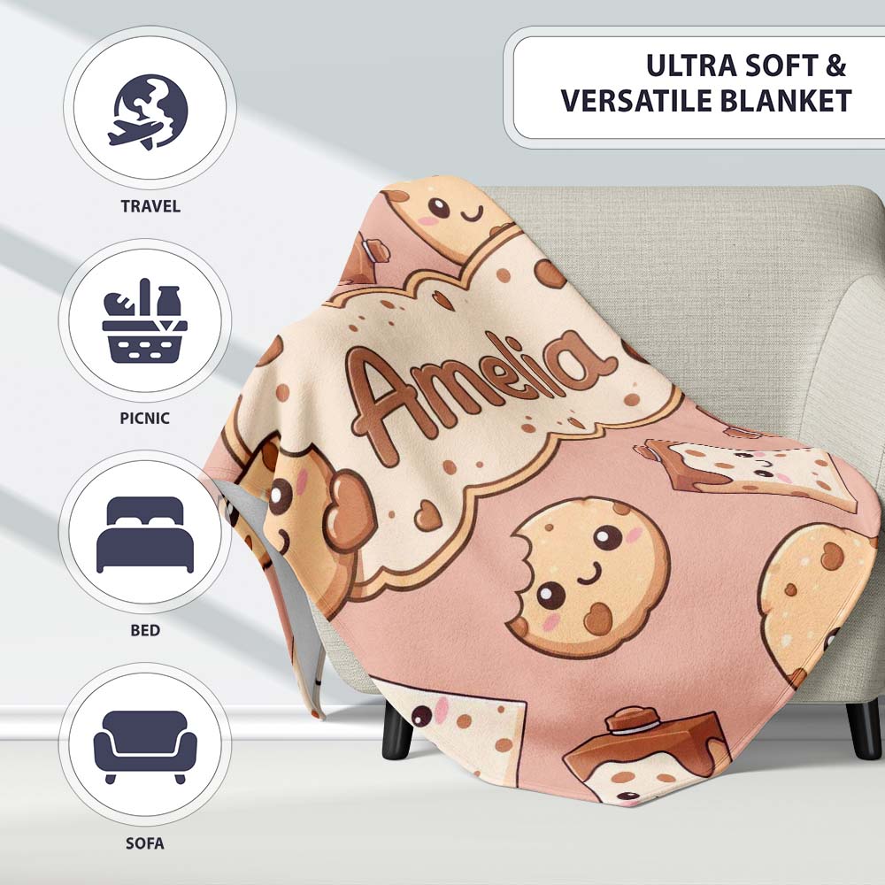 Cute Kawaii Cookies and Milk Cartons on Peach Background Seamless  Personalised Custom Name Super Soft Fleece Blanket Bed Sofa Throw