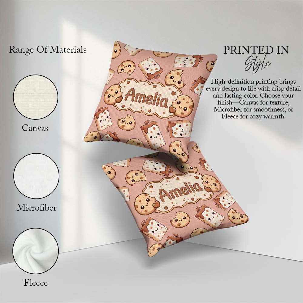 Custom Name Kawaii Cookies and Milk on Peach Background Seamless Square Filled Cushion Throw Pillow Sofa Bed Home Decor Zip Washable UK Made