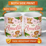 Personalized Custom Name Cute Jungle Animals Lion Tiger Leopard Tropical Leaves Blush Pink 11oz Ceramic Coffee Tea Mug White Large Handle