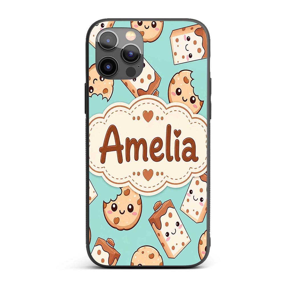 Cute Kawaii Cookies and Milk Cartons on Mint Custom Name Protective Phone Case Mobile Cover Durable Everyday Smartphone Shock Resistant
