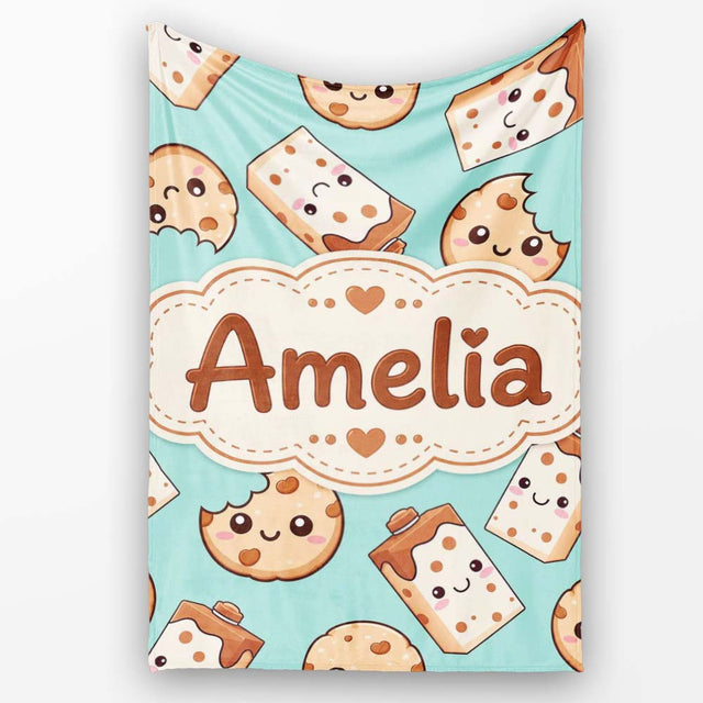 Cute Kawaii Cookies and Milk Cartons on Mint Background Seamless  Personalised Custom Name Super Soft Fleece Blanket Bed Sofa Throw