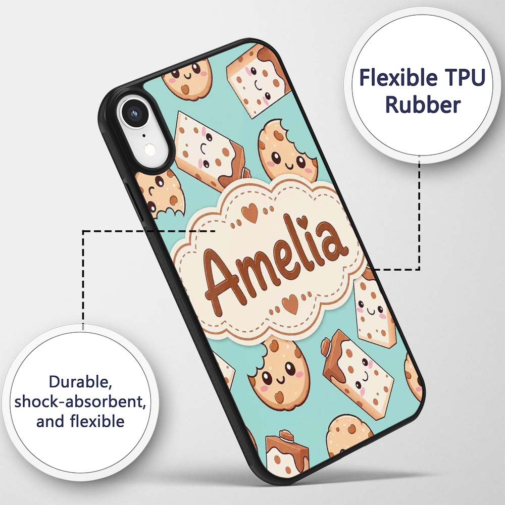 Cute Kawaii Cookies and Milk Cartons on Mint Custom Name Protective Phone Case Mobile Cover Durable Everyday Smartphone Shock Resistant
