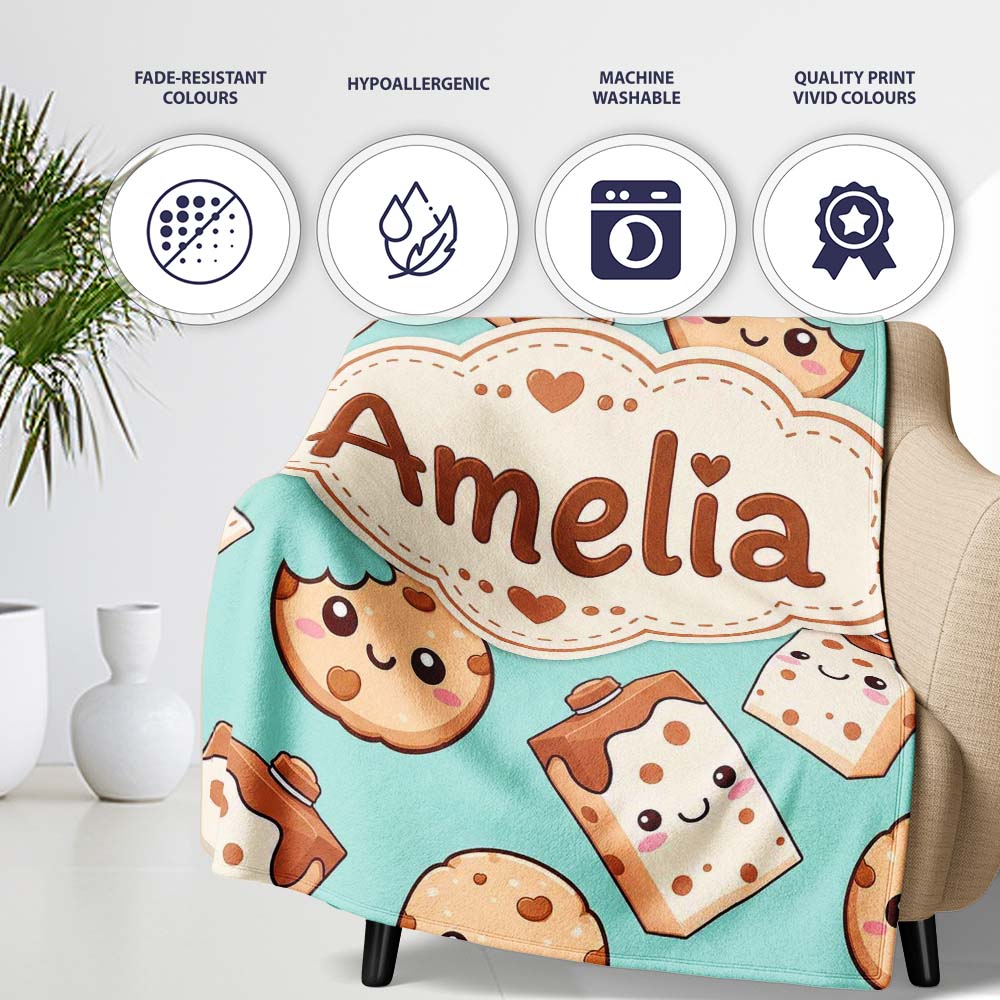 Cute Kawaii Cookies and Milk Cartons on Mint Background Seamless  Personalised Custom Name Super Soft Fleece Blanket Bed Sofa Throw
