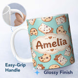 Personalized Custom Name Cute Kawaii Cookies and Milk Cartons on Mint Background Seamless 11oz Ceramic Coffee Tea Mug White Large Handle