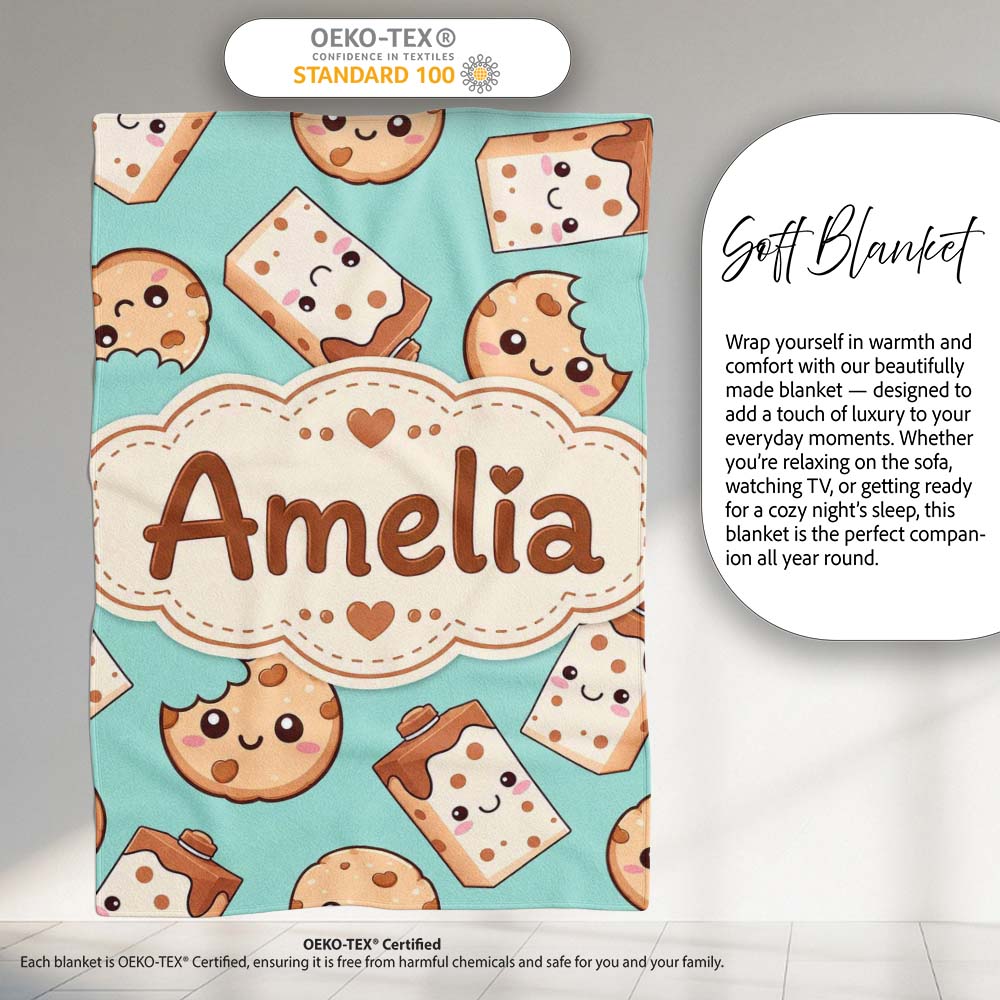 Cute Kawaii Cookies and Milk Cartons on Mint Background Seamless  Personalised Custom Name Super Soft Fleece Blanket Bed Sofa Throw