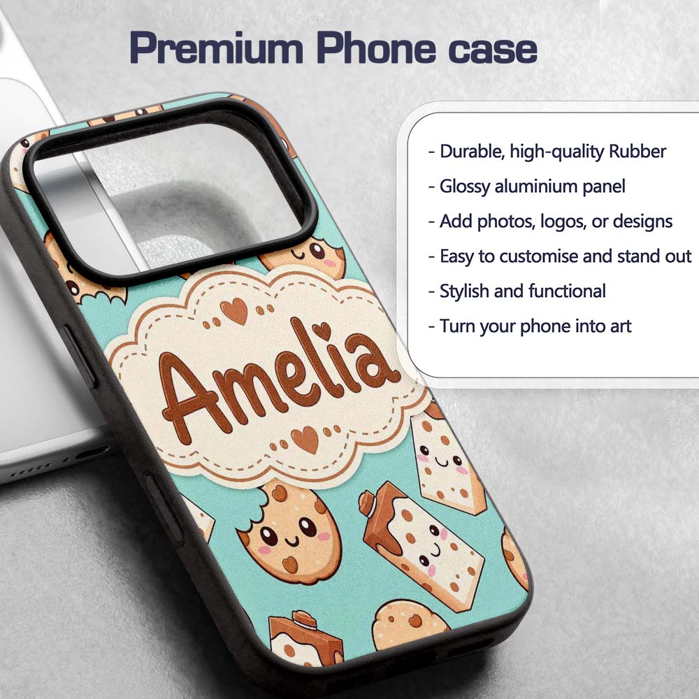Cute Kawaii Cookies and Milk Cartons on Mint Custom Name Protective Phone Case Mobile Cover Durable Everyday Smartphone Shock Resistant