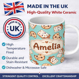 Personalized Custom Name Cute Kawaii Cookies and Milk Cartons on Mint Background Seamless 11oz Ceramic Coffee Tea Mug White Large Handle