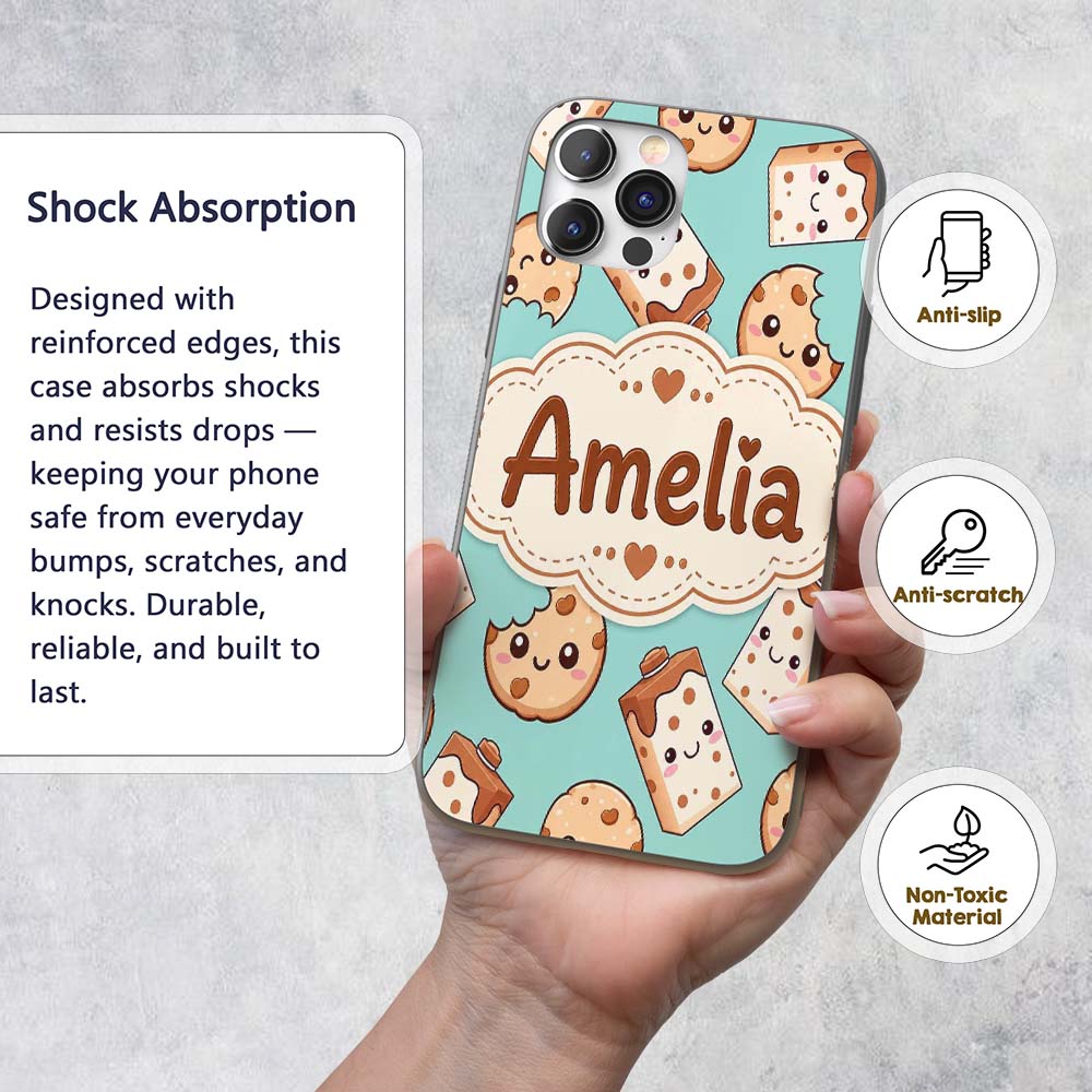 Cute Kawaii Cookies and Milk Cartons on Mint Custom Name Protective Phone Case Mobile Cover Durable Everyday Smartphone Shock Resistant